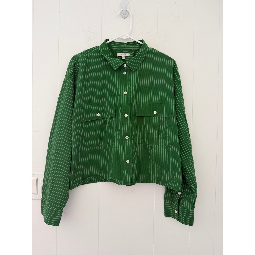 Madewell Green White Pinstripe Cropped Cotton Button Down Shirt XL NN927
